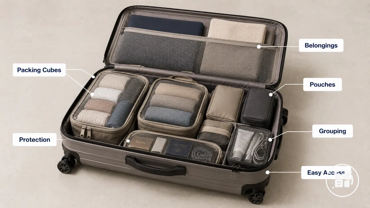 منظمات سفر تُستخدم لتجميع المتعلقات وفصلها داخل الأمتعة