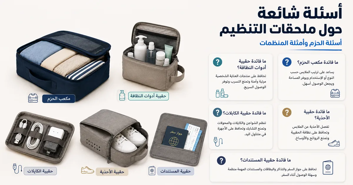 ملحقات تنظيم السفر مع أسئلة شائعة عن التعبئة وأمثلة على المنظمات