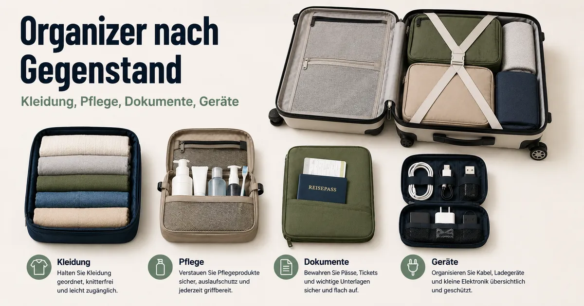 Gepäck-Organizer für Kleidung, Pflegeprodukte, Dokumente und Geräte getrennt angeordnet
