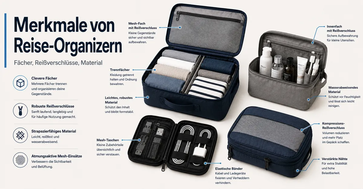 Reise-Organizer-Zubehör mit Fächern, Reißverschlüssen und Materialdetails
