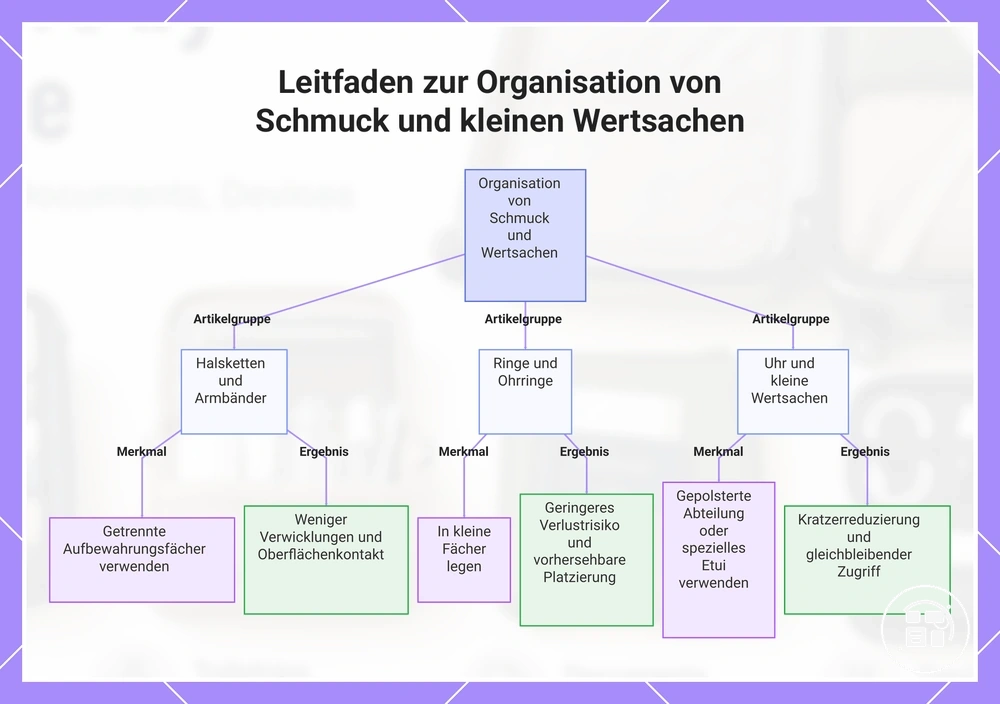 Schmuck und kleine Wertgegenstände nach Aufbewahrungsform getrennt organisiert