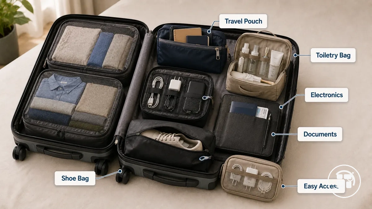 Organizer-Taschen, Toilettenartikeltasche und Accessoire-Organizer neben Packwürfeln angeordnet