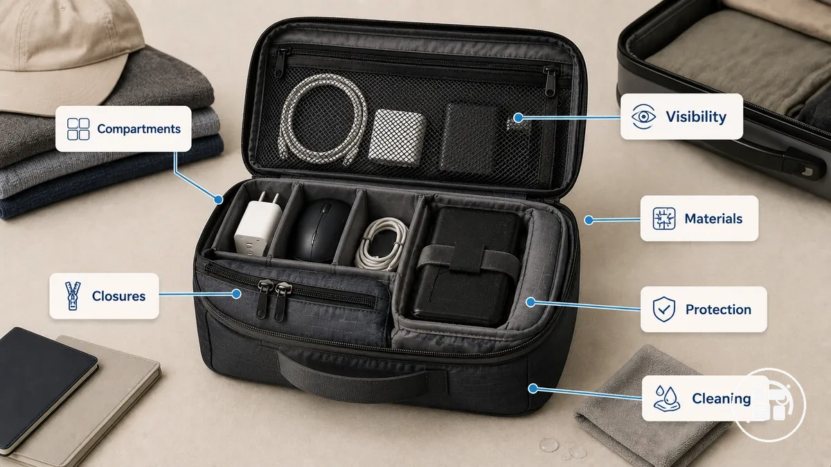 Beschrifteter Reise-Organizer mit Fächern, Verschlüssen, Mesh-Einsätzen und Schutzmaterialien
