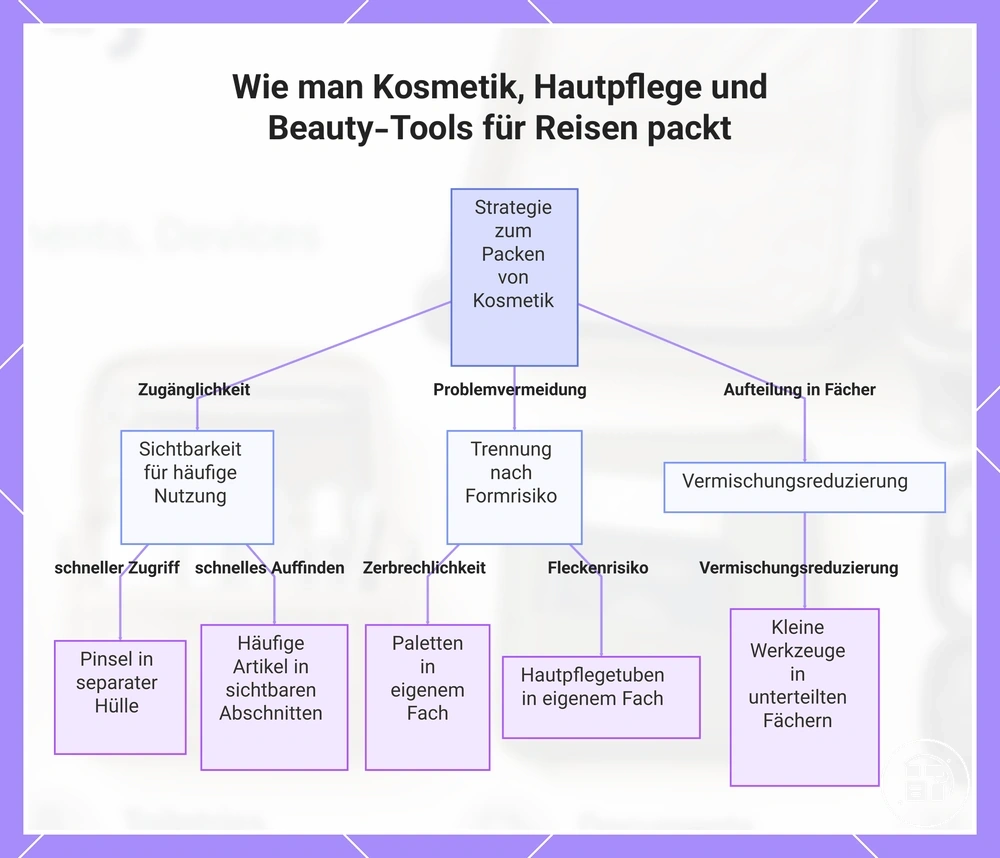 Kosmetik, Hautpflege und Beauty-Tools für Reisen getrennt und sichtbar verpackt