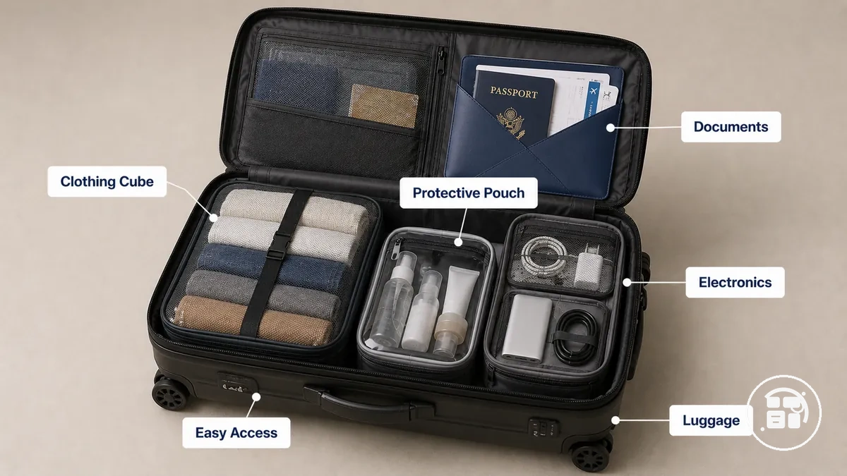 Gegenstände, getrennt im Gepäck mit einer Schutztasche und einem Kleiderwürfel