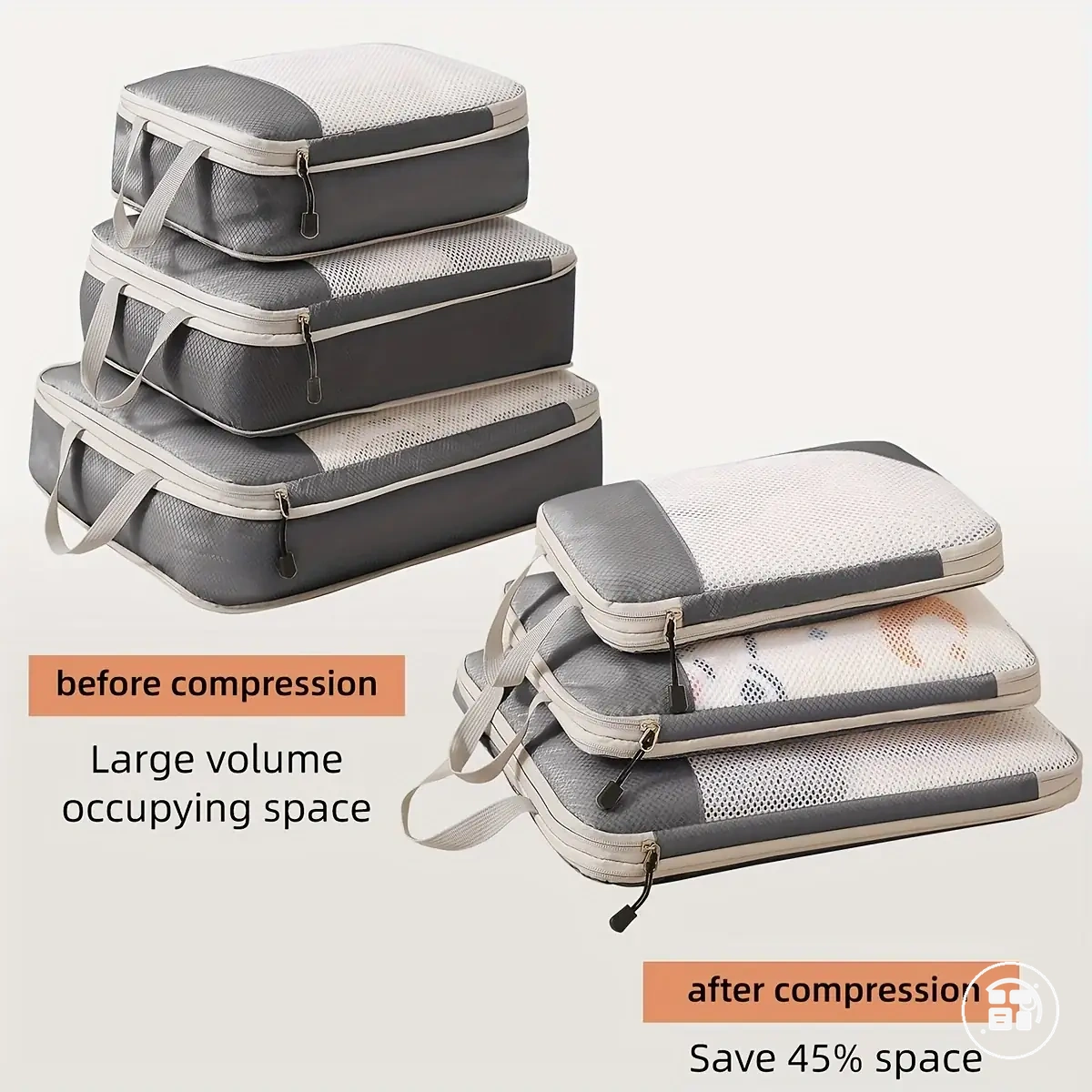 Three piece compression packing cube set for carry-on essentials