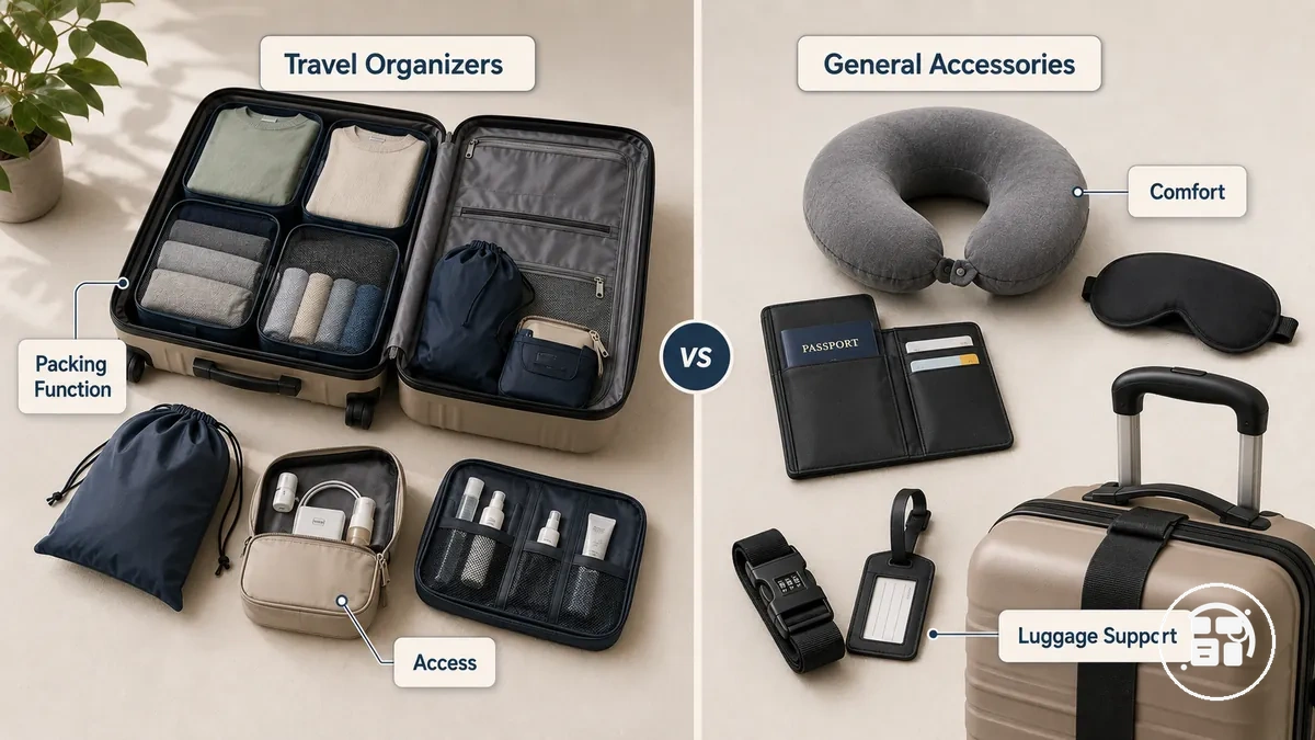 Comparison of travel organizers and general travel accessories by function