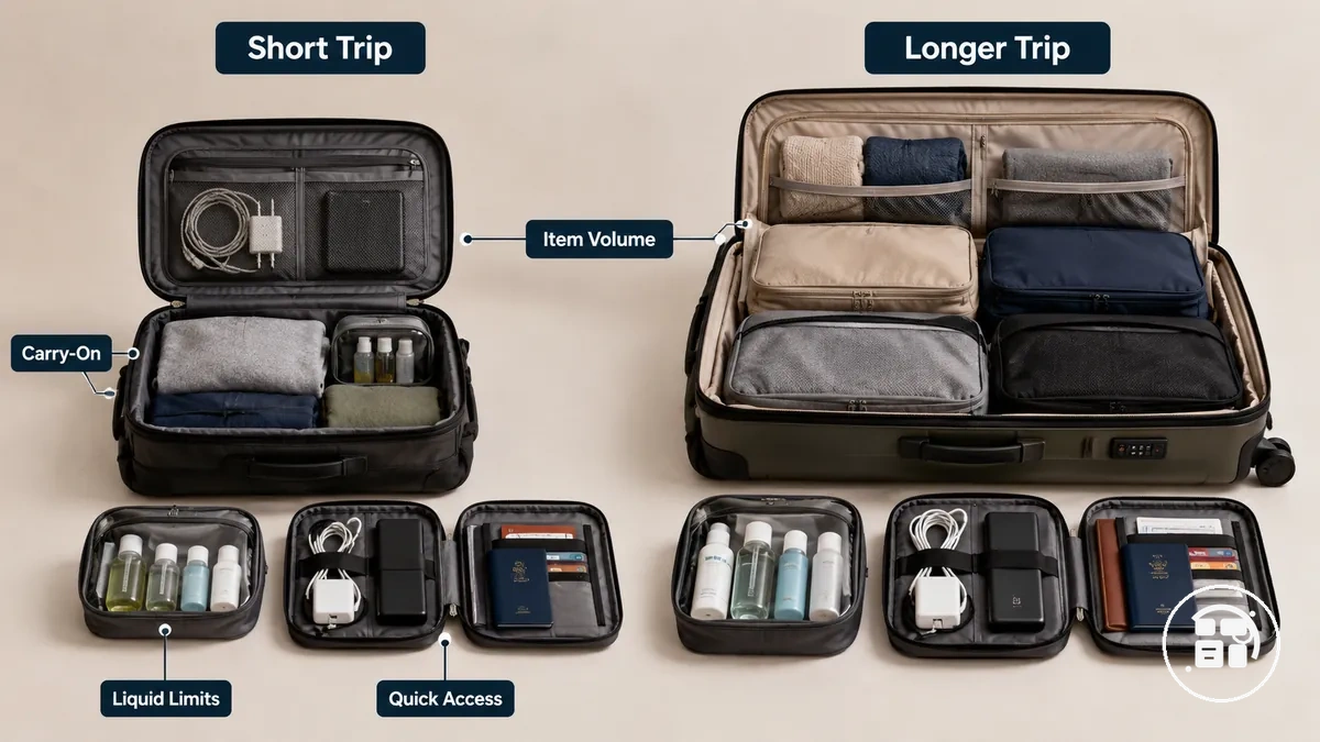 trip length and item volume shown with travel organizer size checks