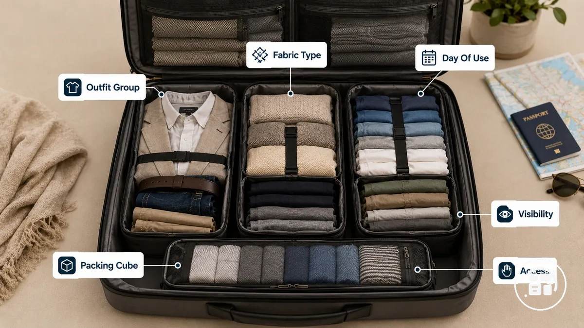 Clean clothes grouped by outfit, fabric type, and day of use inside organizer compartments