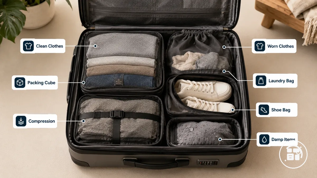 Clothes, shoes, and laundry organized into separate travel compartments