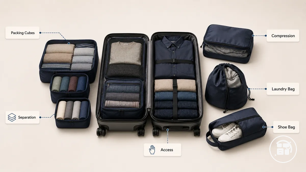 Clothes and suitcase organizers including packing cubes laundry bag and shoe bag