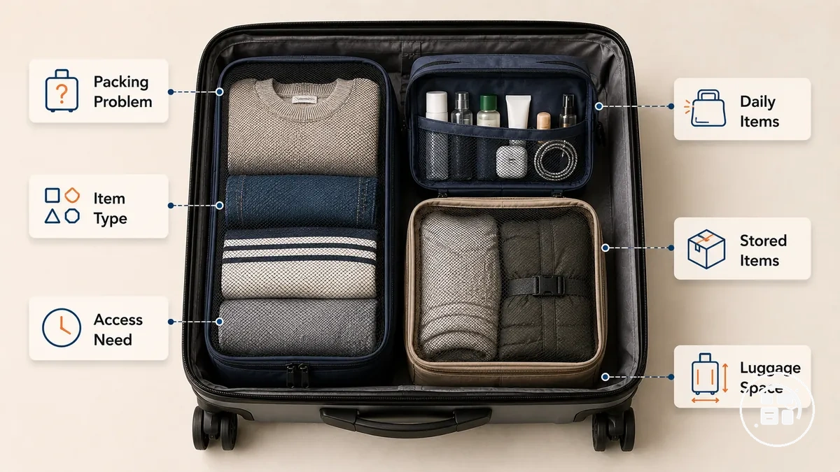 travel organization accessories arranged in luggage by packing purpose