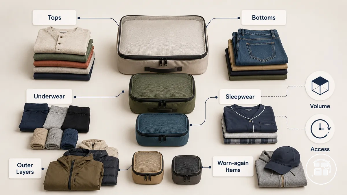 clothing groups matched with different packing cube sizes