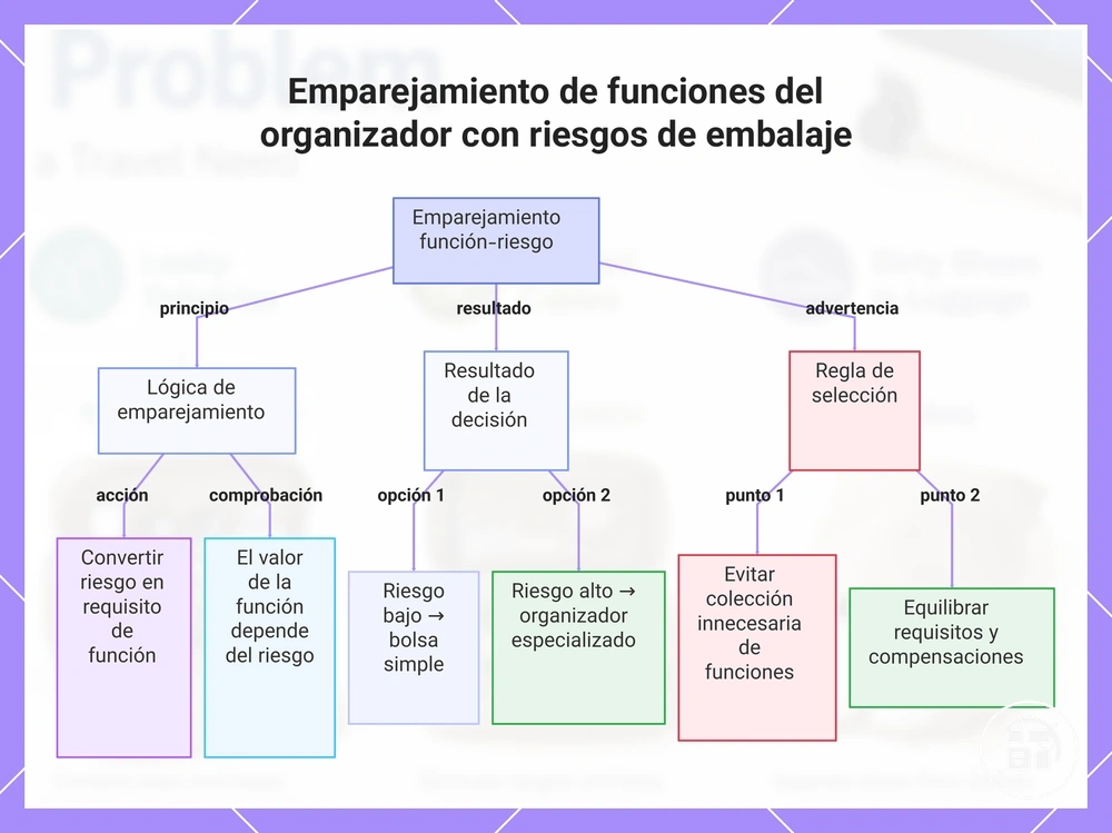 Relación entre funciones del organizador y riesgos al hacer la maleta