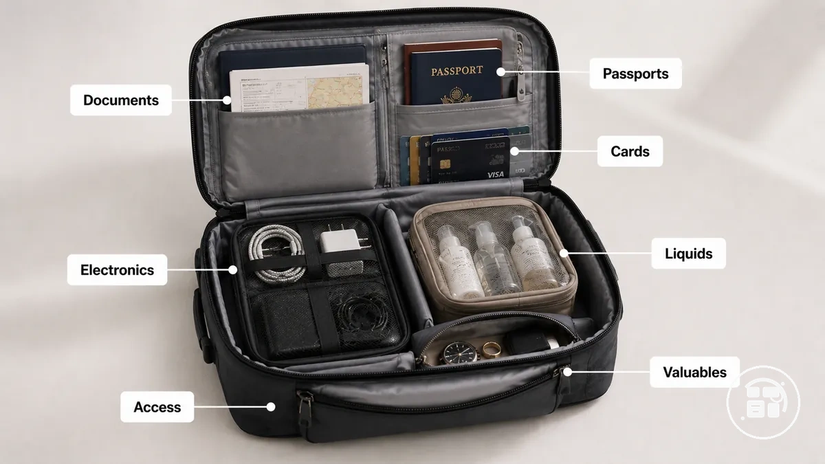 artículos de viaje colocados en organizadores protectores para un acceso más seguro y menor riesgo durante el viaje