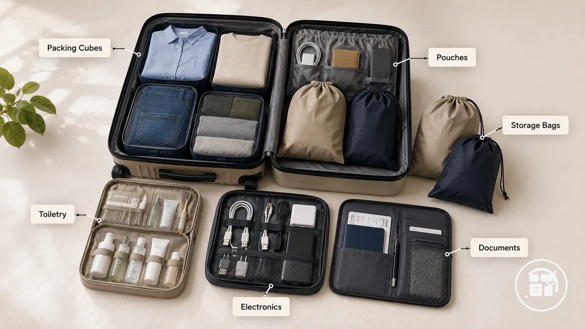 Accesorios para organizar el equipaje comunes ordenados por tipo
