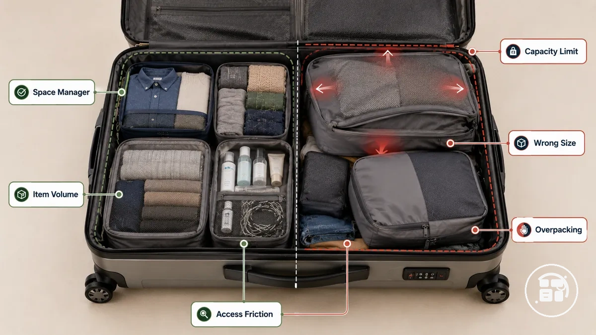 Maleta señalada que muestra síntomas de ajuste por una configuración incorrecta del organizador