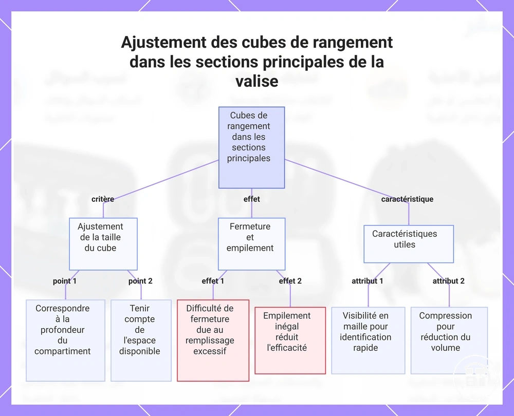Ajustement des cubes de rangement dans la zone principale de la valise