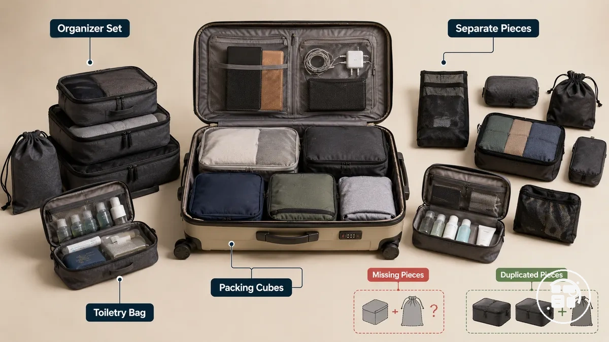 ensemble d'organiseurs de voyage comparé à des pièces séparées pour la couverture de rangement