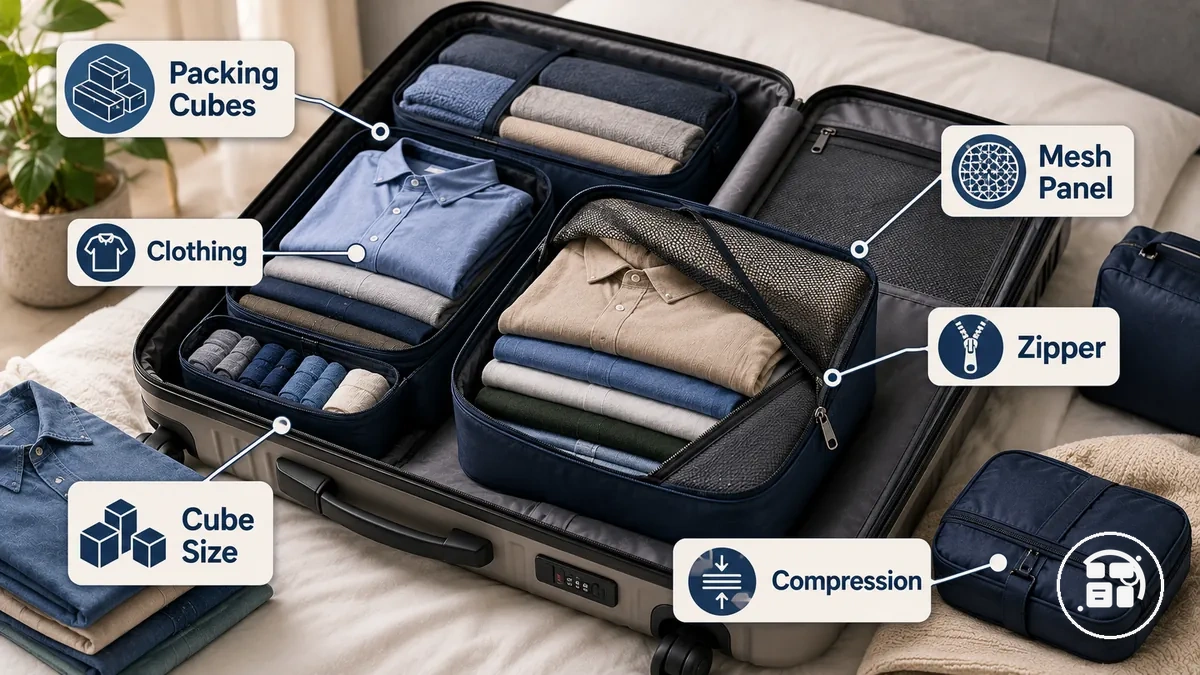 Cubes de rangement contenant des vêtements pliés dans une valise ouverte