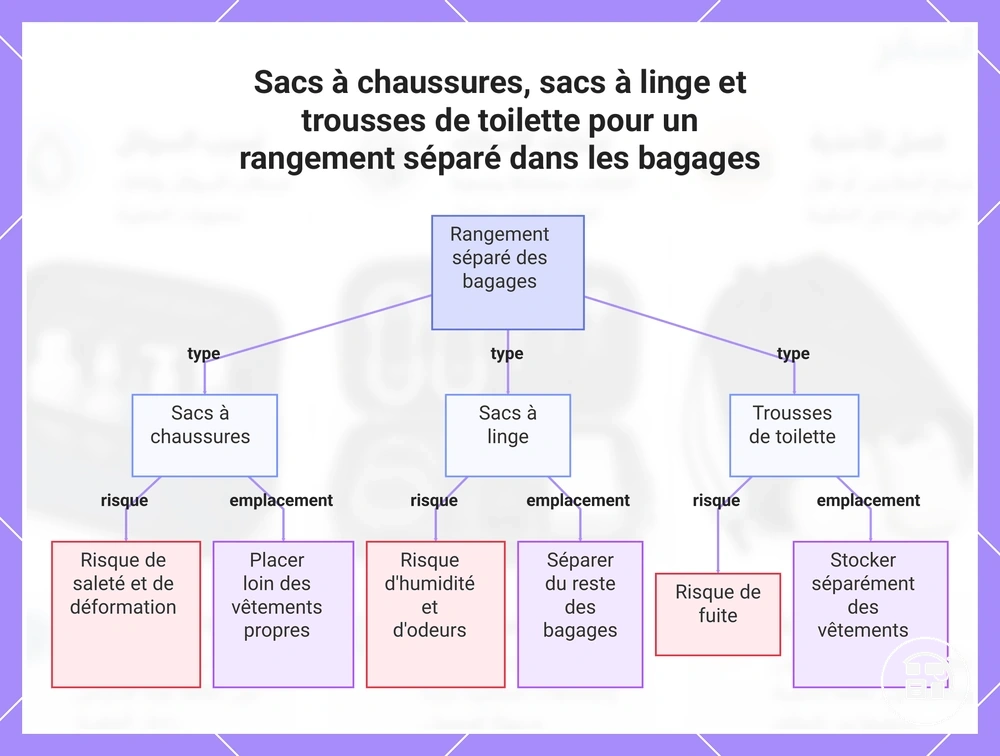 Sacs à chaussures, sacs à linge et trousses de toilette pour séparer le contenu d’un bagage en soute