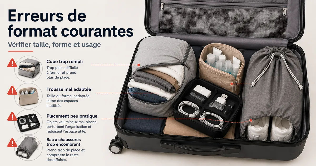 Accessoires d’organisation de voyage montrant des problèmes courants d’ajustement au rangement