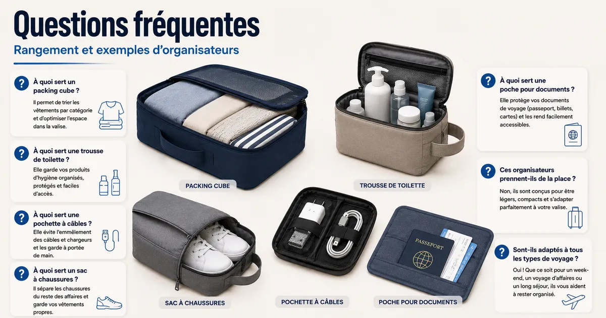 Accessoires d’organisation de voyage avec questions courantes de rangement et exemples d’organiseurs