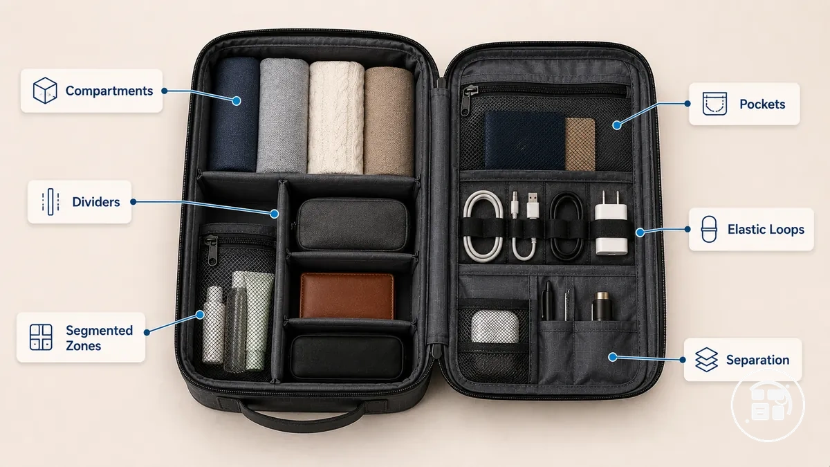 organizador de viagem mostrando compartimentos, divisores, bolsos, alças elásticas e zonas de armazenamento segmentadas