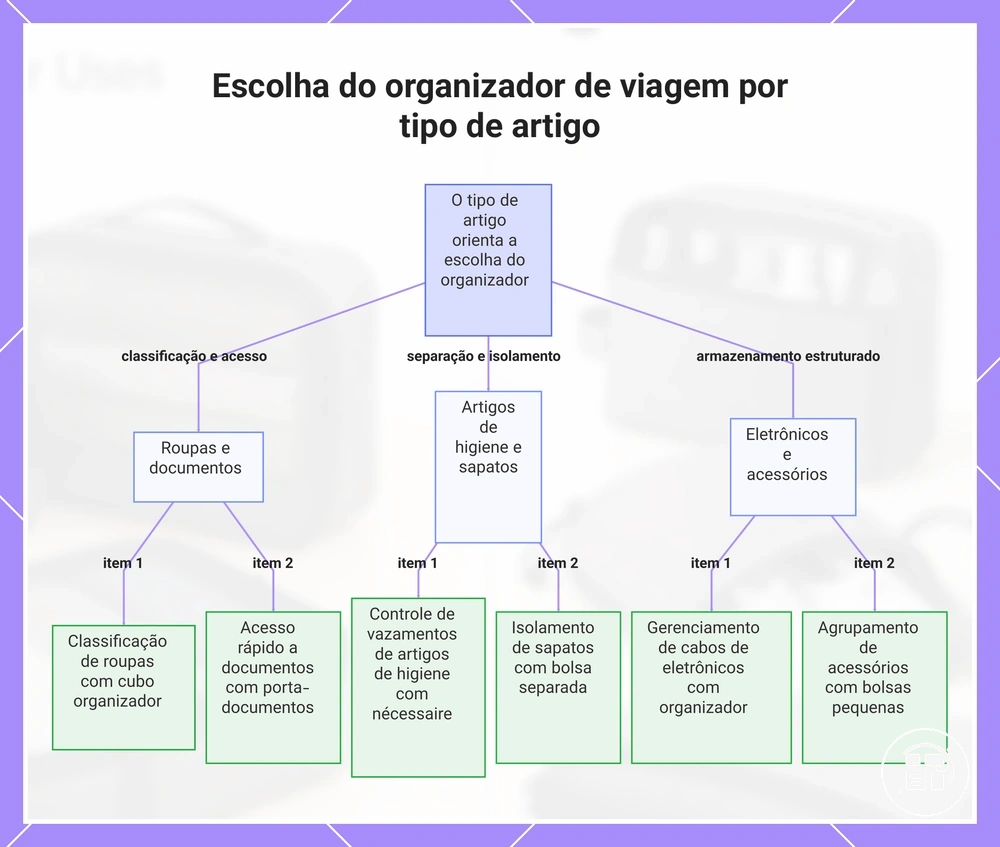 Escolha do organizador de viagem por tipo de item