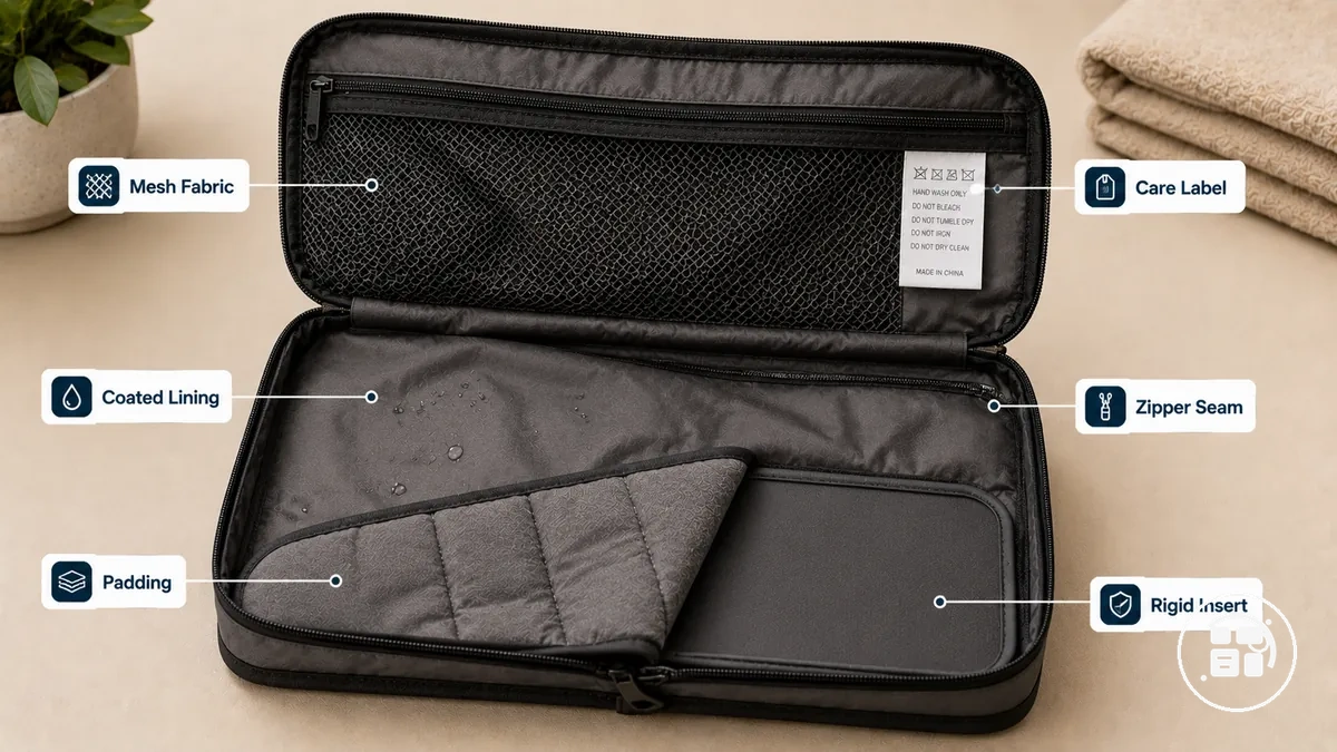 Detalhes de etiqueta de cuidados, forro de malha e zíper de organizador de viagem verificados antes da lavagem