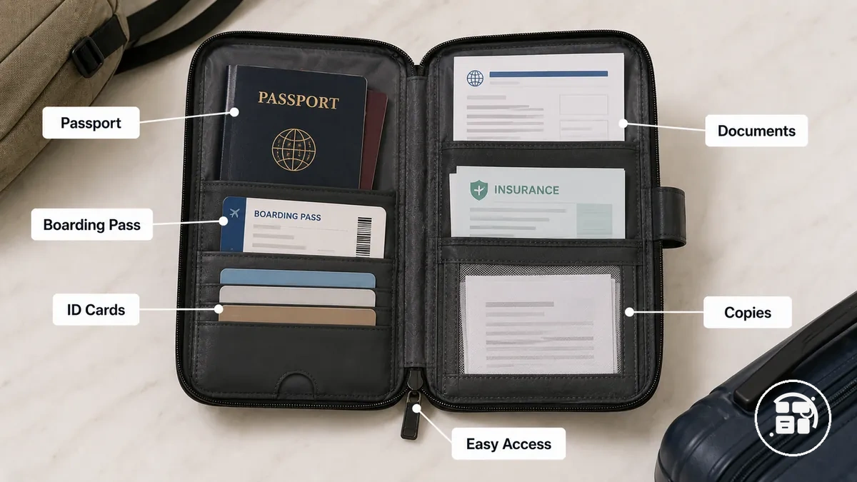 porta-passaporte organizado com documentos, cartões e papéis de viagem dispostos para acesso visível