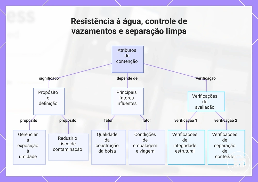 Resistência à água, controle de vazamentos e separação de itens em organizadores de viagem
