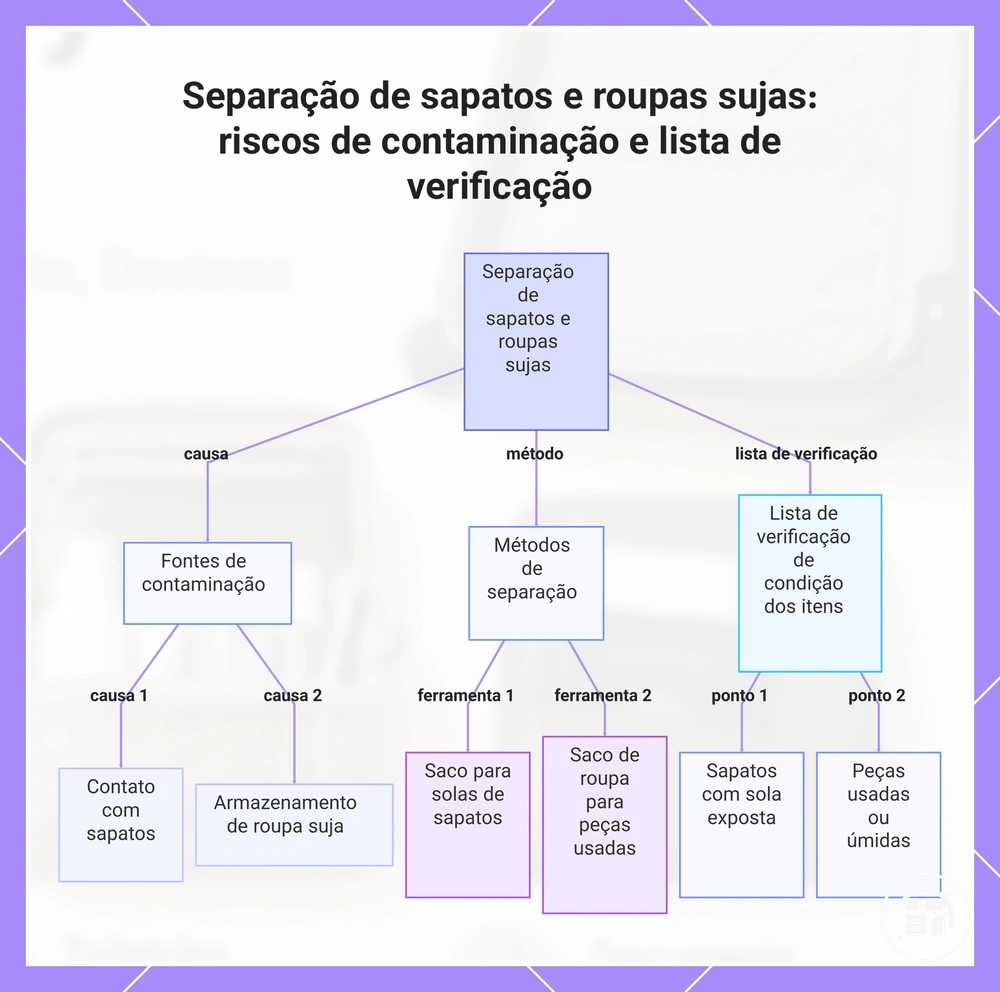 Separação de sapatos e roupas sujas: fontes de sujeira e umidade e lista de verificação