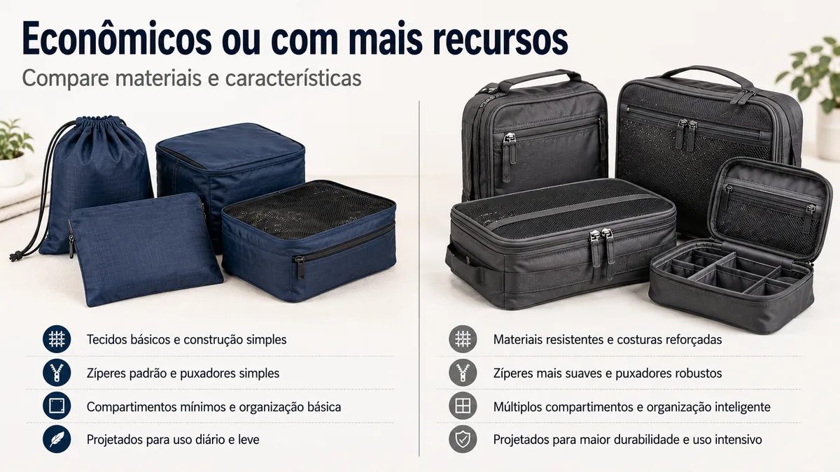 Acessórios para organizar bagagem baratos e premium comparados por material e características