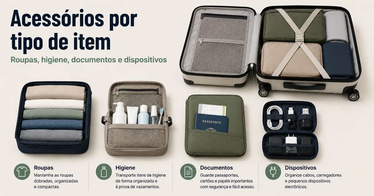 Acessórios para organizar bagagem separados para roupas, higiene, documentos e dispositivos