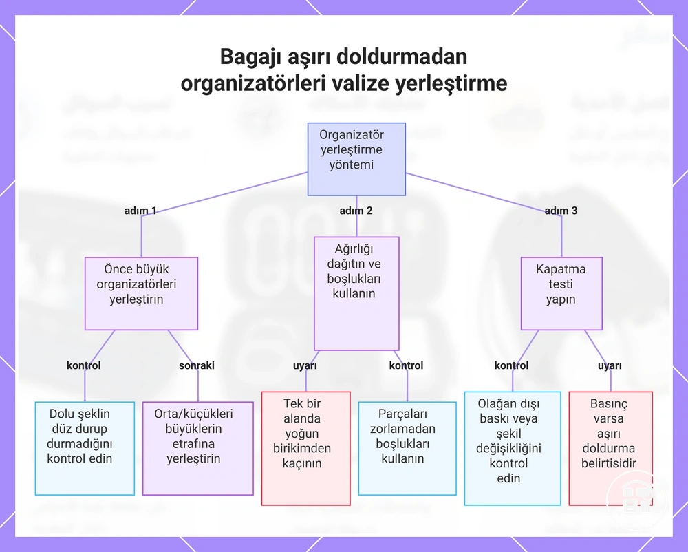 Bagajı aşırı doldurmadan düzenleyicileri valize yerleştirme