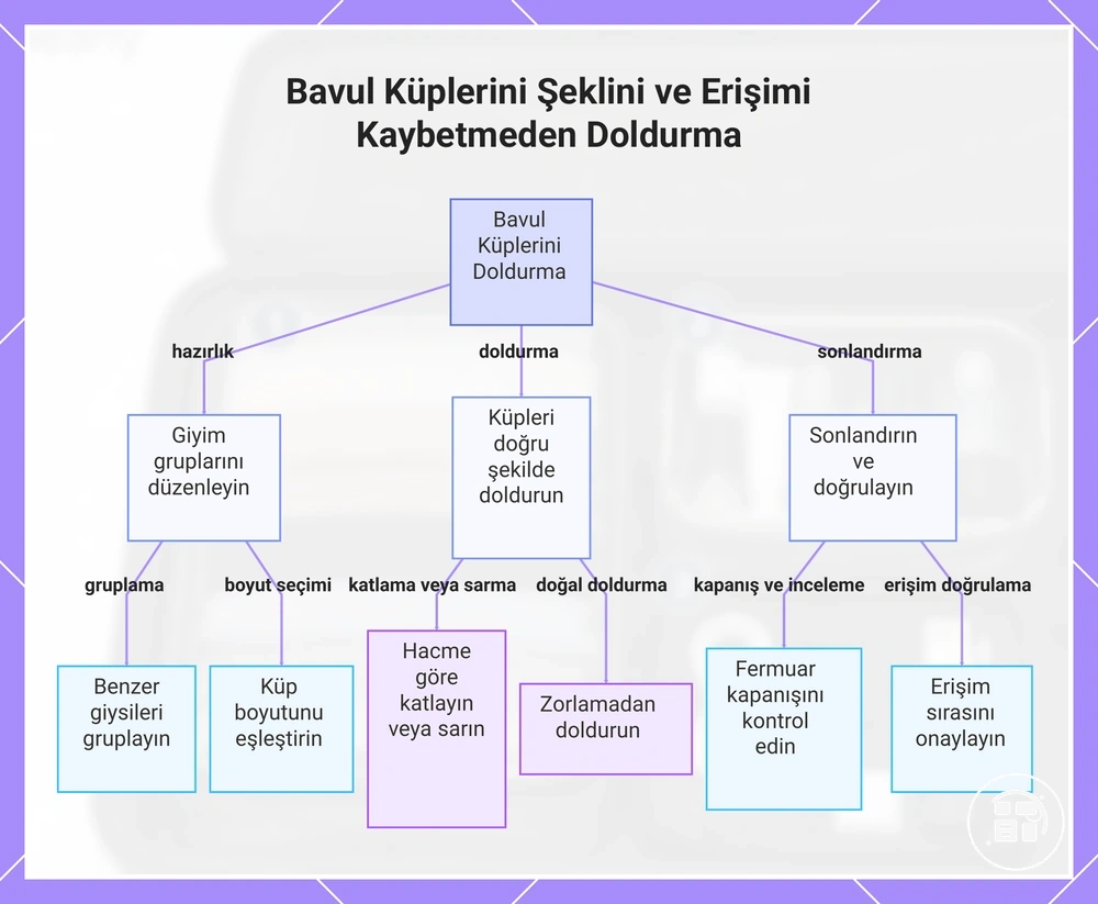 Paketleme küplerini şekli ve erişimi koruyarak doldurma adımları