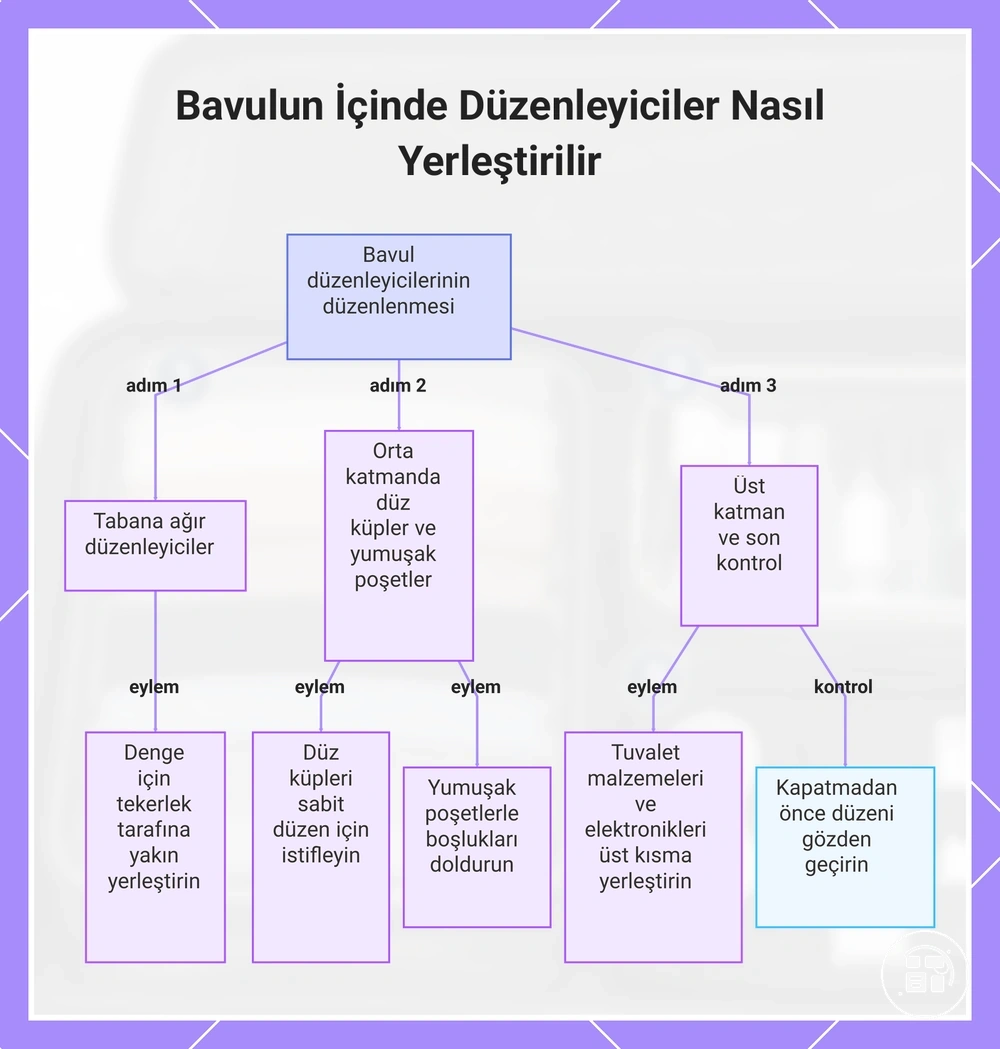 Düzenleyicilerin valiz içinde ağırlık, şekil ve erişime göre yerleştirilmesi