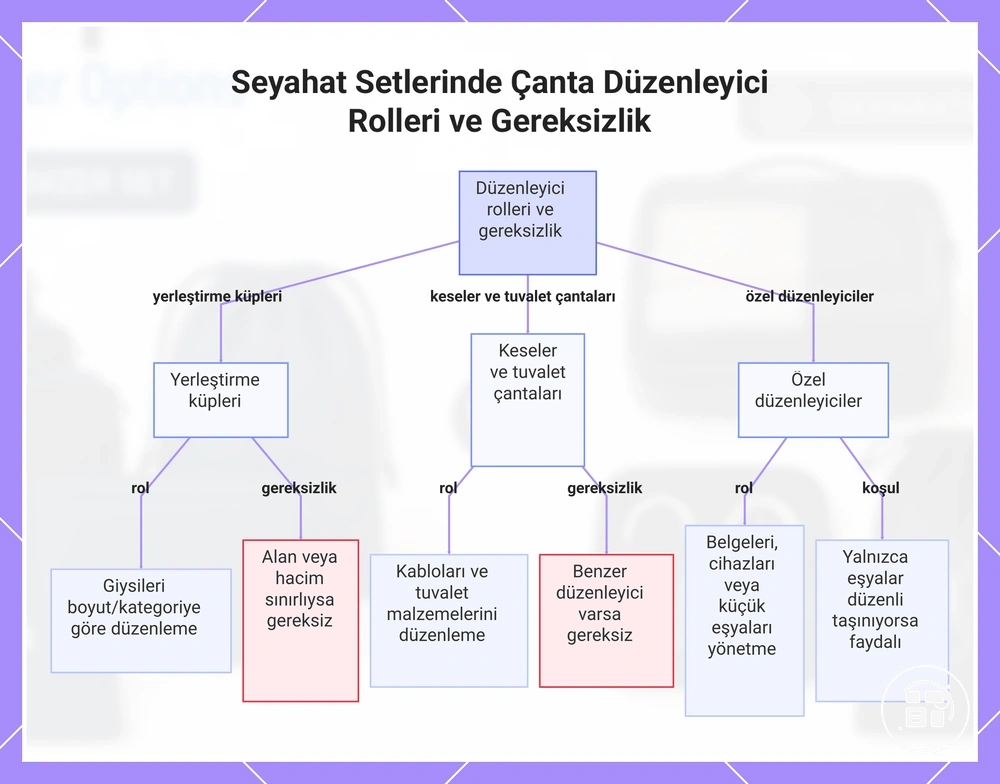 Seyahat setlerinde çanta düzenleyici rolleri ve gereksiz tekrar