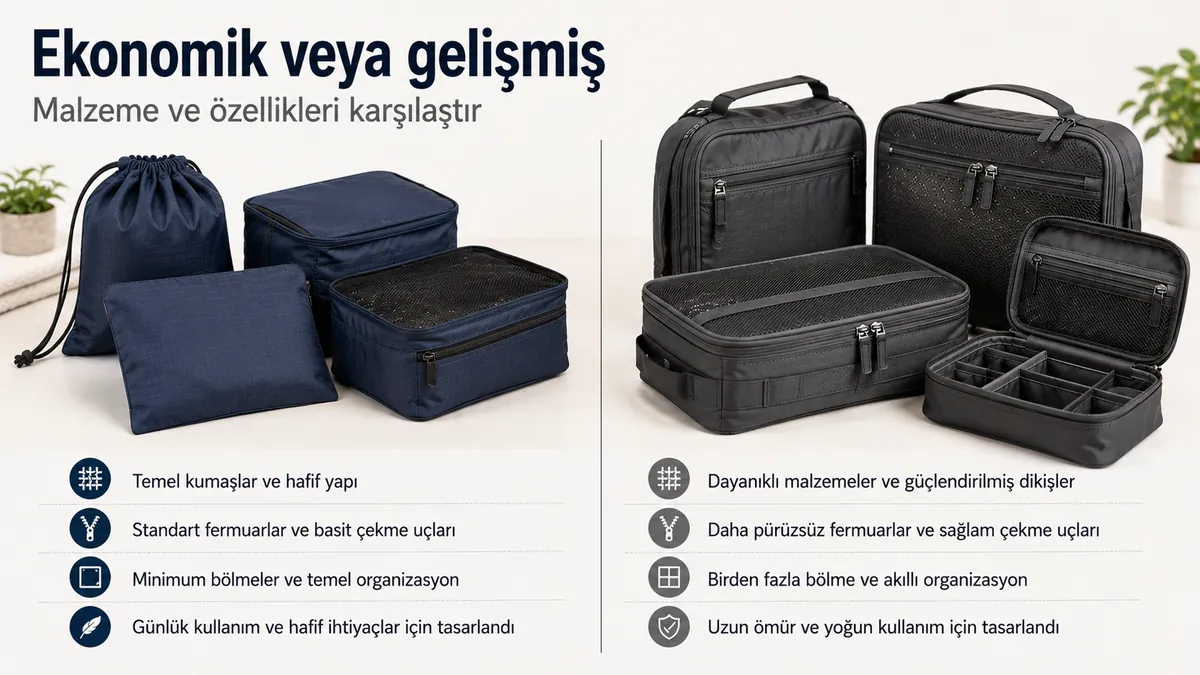 Malzeme ve özelliklere göre karşılaştırılan bütçe ve premium seyahat düzenleme aksesuarları